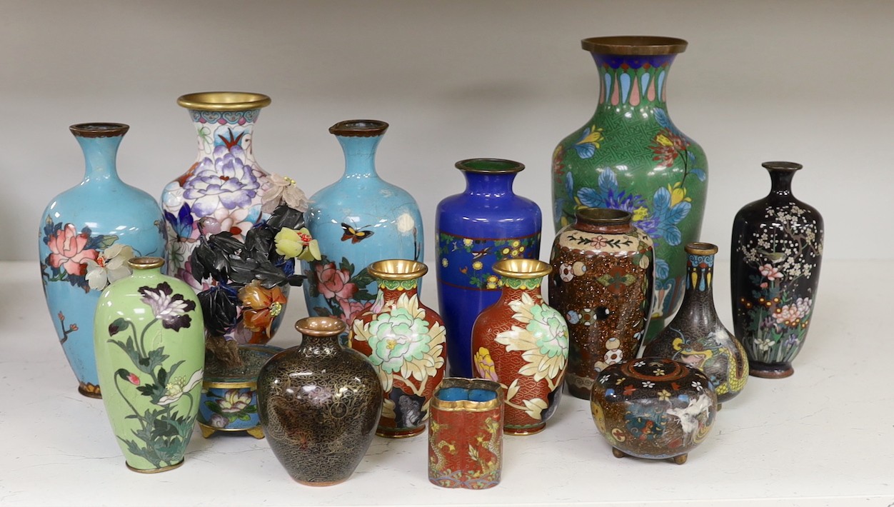 A group of Chinese and Japanese cloisonné enamel vases etc. tallest 22cm